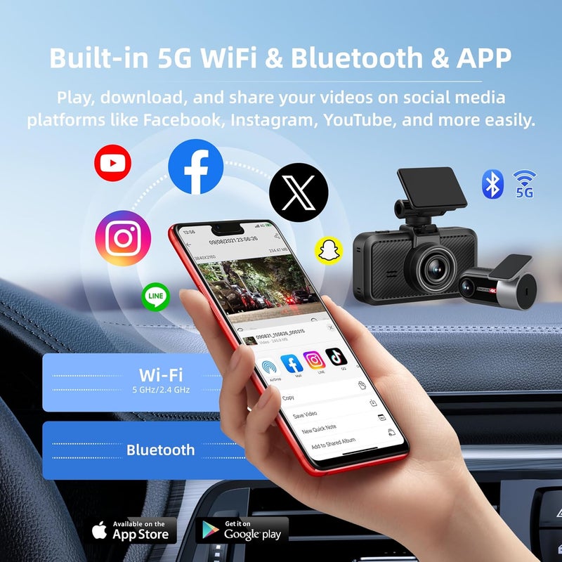 MIOFIVE Dash Cam Car Front Rear 4K+4K WiFi Bluetooth Dash Cam with 64GB SD Card, Dual Car Camera with Parking Monitoring, Super Night Vision, HDR, G-Sensor, Loop Recording, App Control, Max 512GB - Image 3